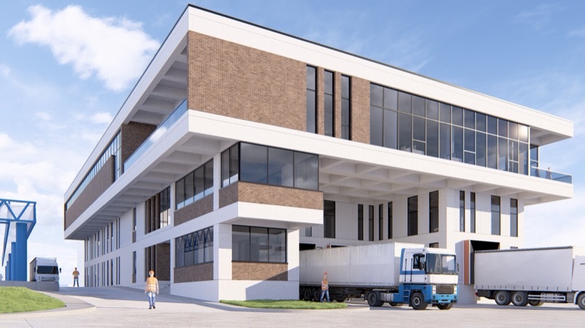ASRS Depo ve Ar-Ge Binası – sevkiyat rampaları ve yükleme alanı, mimari görselleştirme